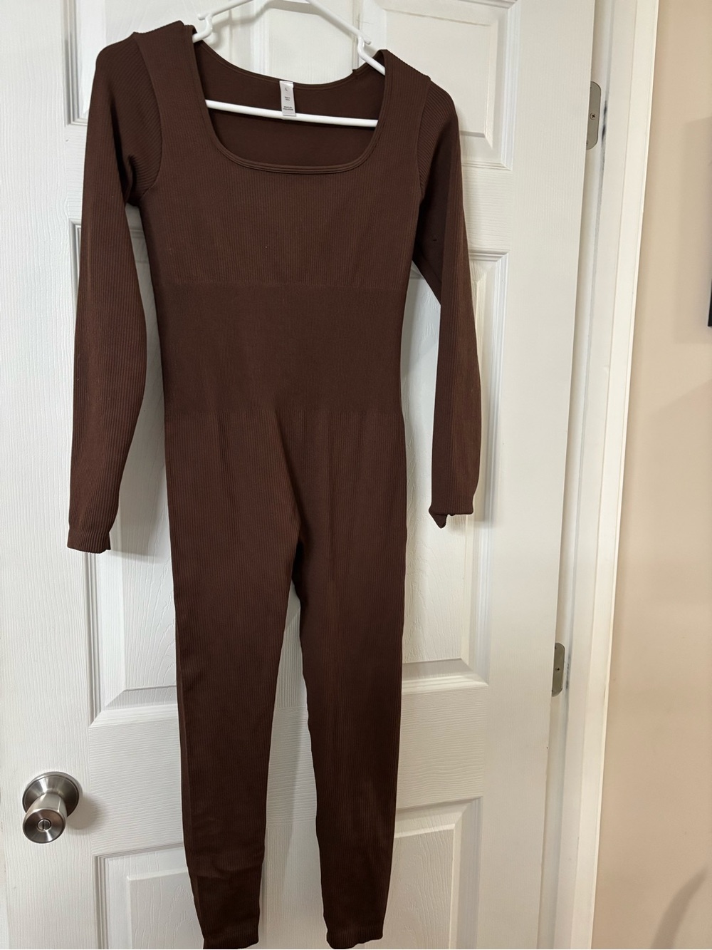 Long Sleeve Ribbed Jumpsuit - Brown
